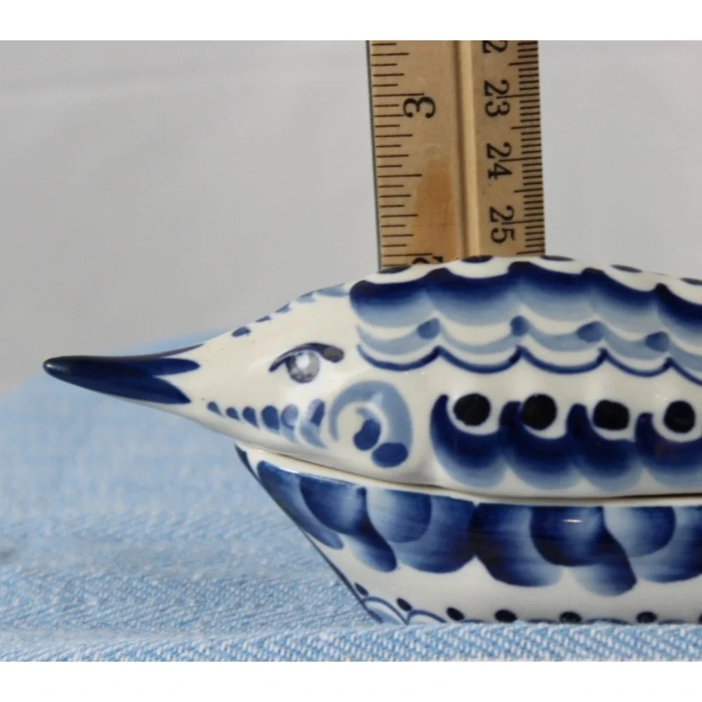 Gzhel Caviar Dish Sturgeon Fish Shape Handmade Blue/White 7